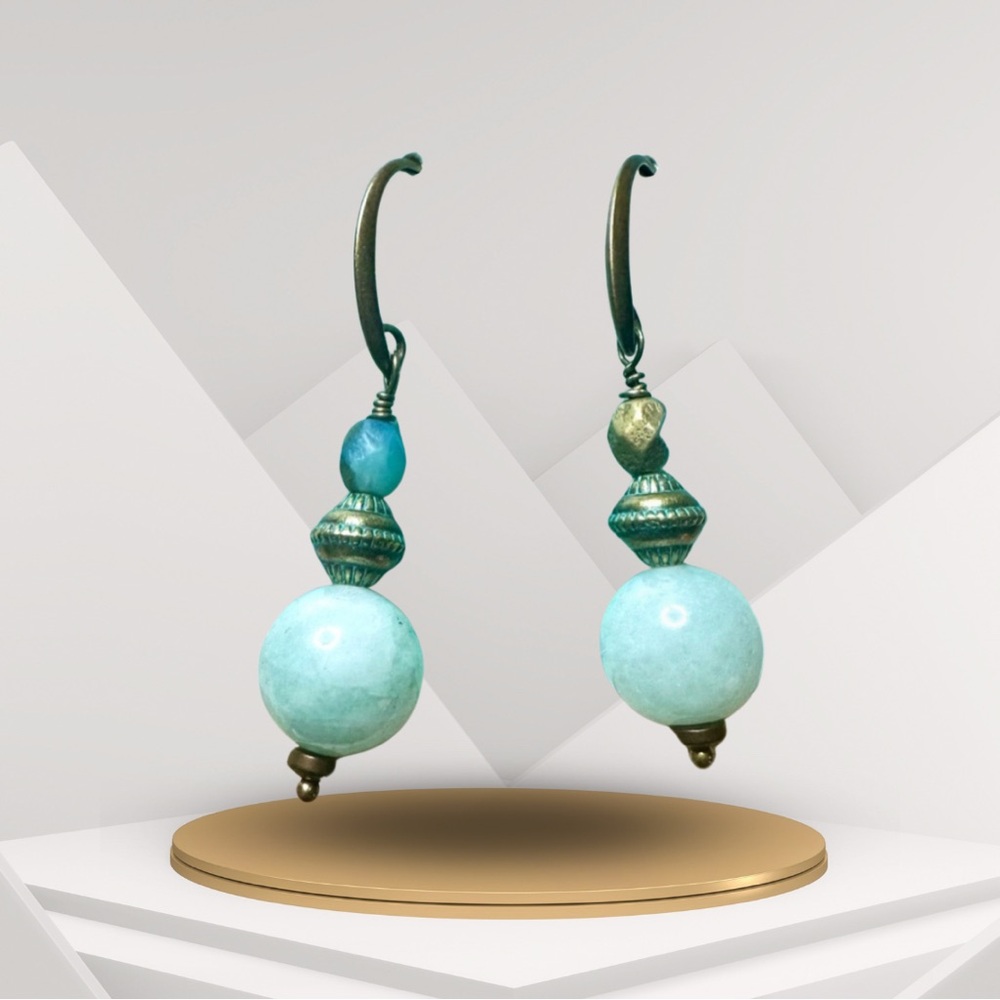 Hand crafted blue beaded earrings gift for her with Amazonite beads